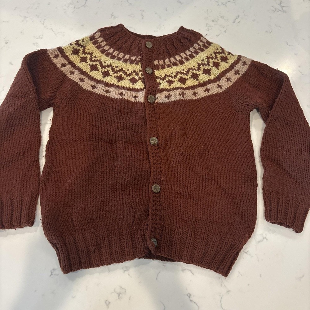 VTG Handknit Fair Isle Wool Cardigan Sweater Kids Size 6 ? Winter Heavyweight